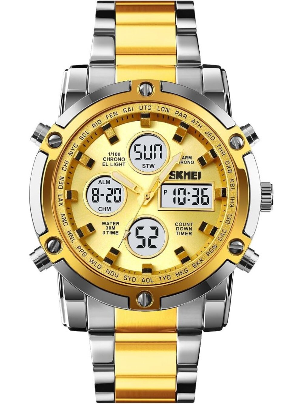 Men’s Two Tone Gold Analog-Digital Stainless Steel Large Face Chronograph Watch
